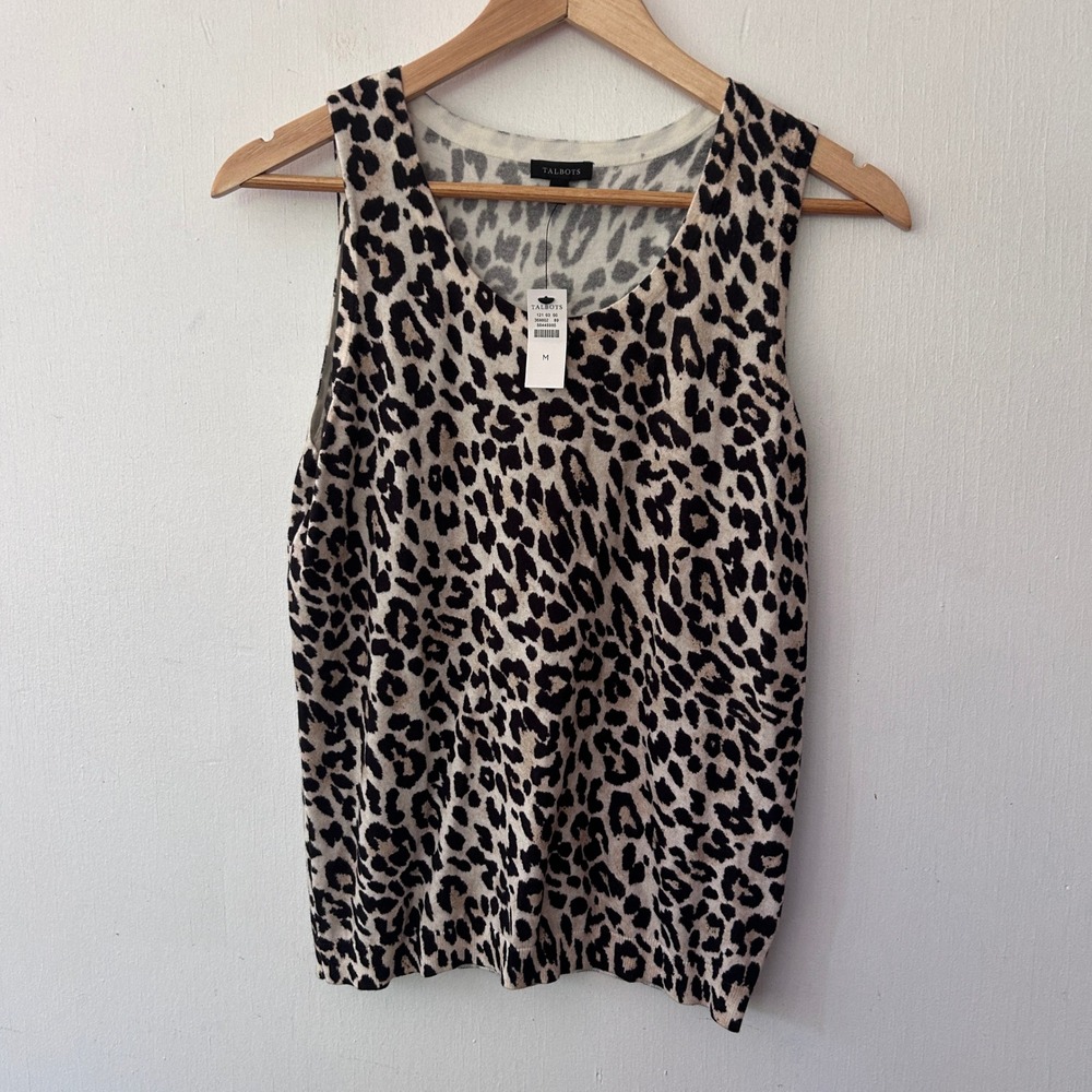 Talbots Sleeveless Sweater Womens Medium Leopard Knit Top Mob Wife NWT Neutral